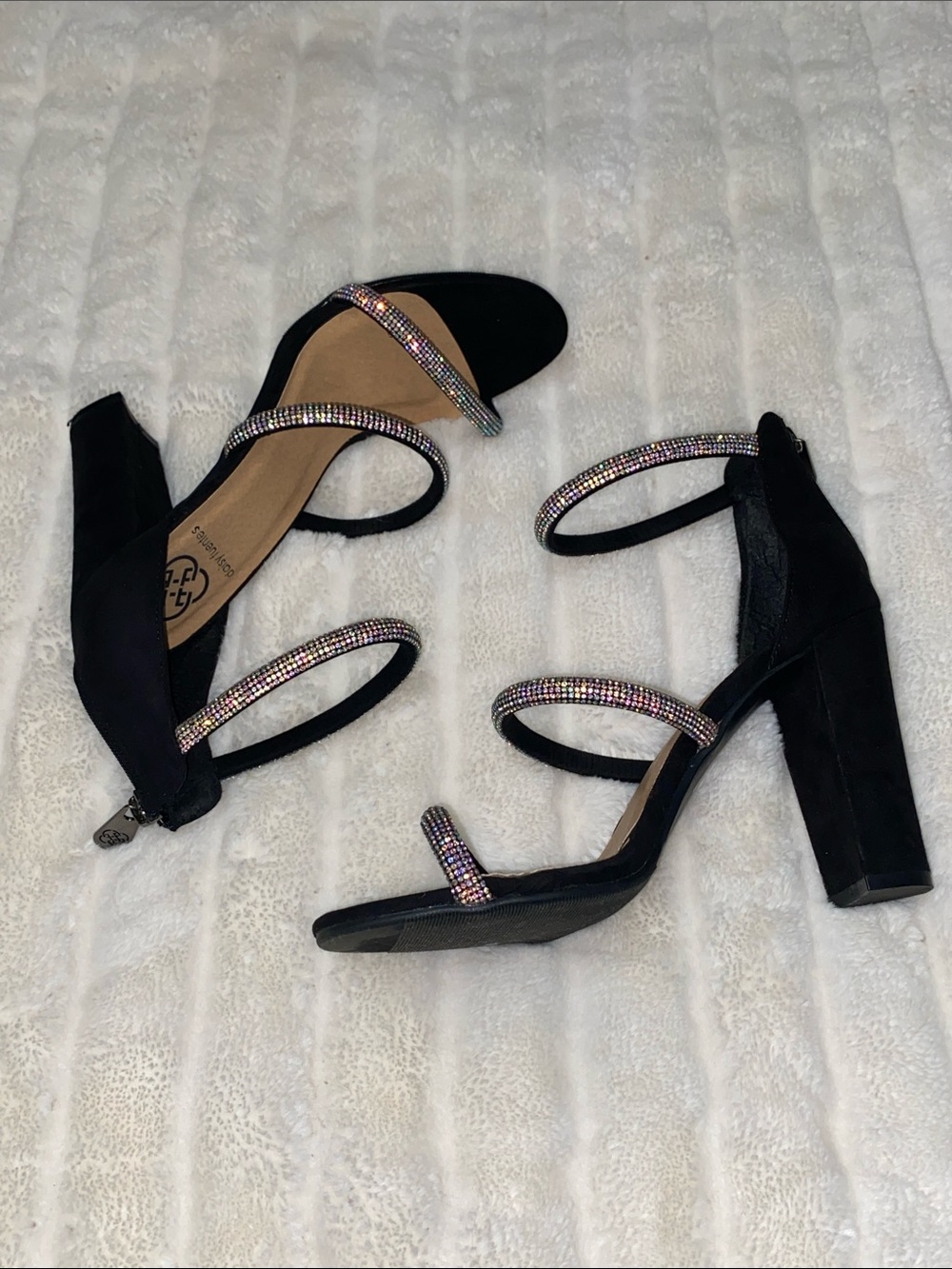 Daisy Fuentes Black Strappy Block Heels with Multicolor Rhinestones